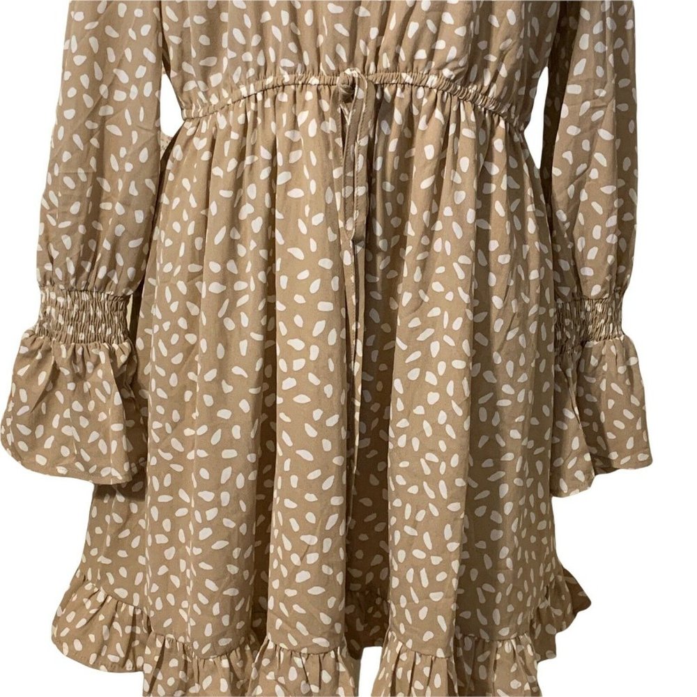 Mainstrip High Neck Ruffled Long Sleeve Beige White Polka Dot Dress Size Large - Picture 5 of 10